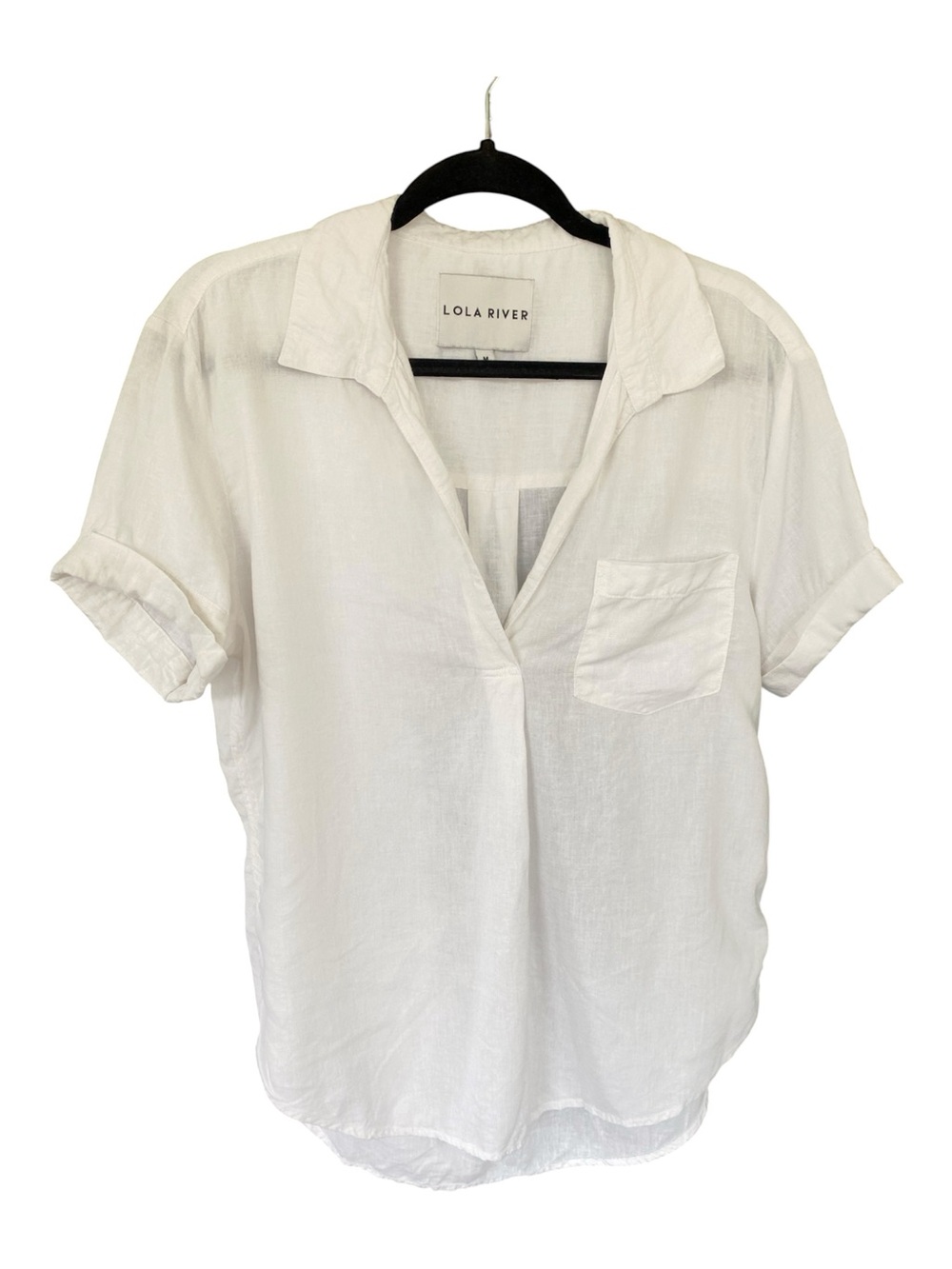 Lola River White Linen Blend Popover Short Sleeve Blouse Medium Coastal Chic - Picture 2 of 8